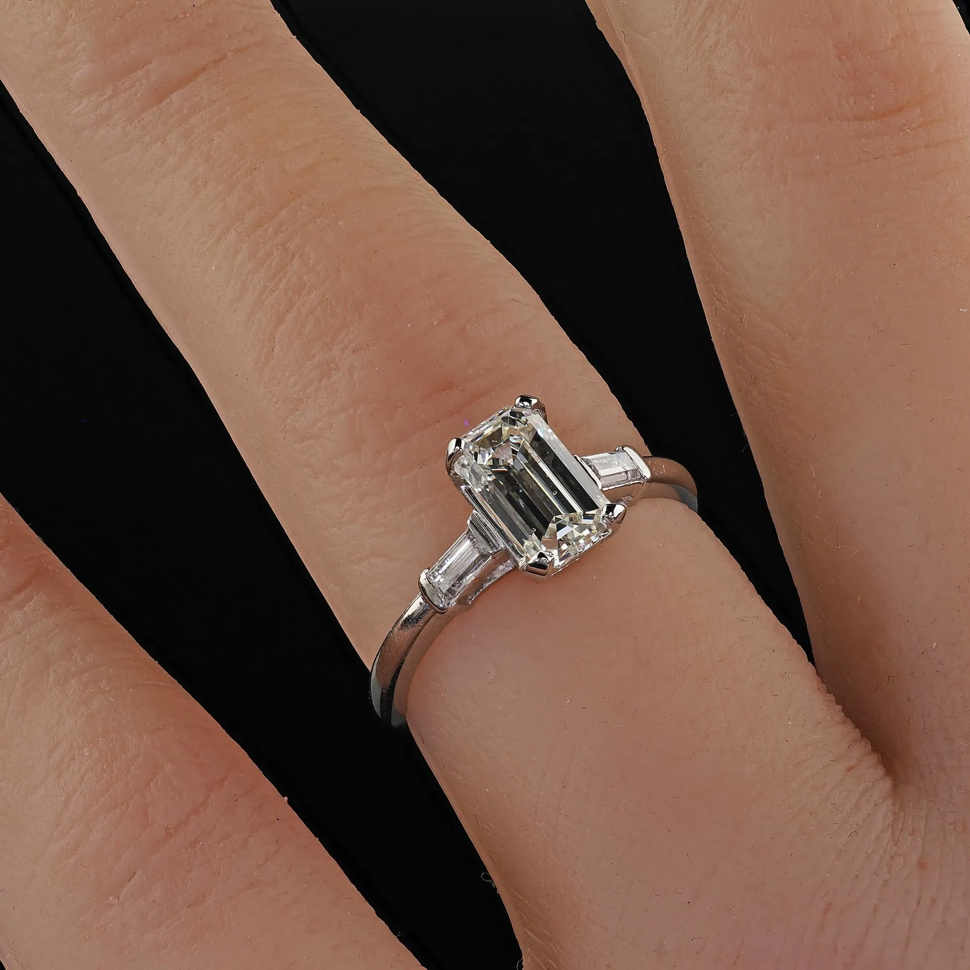 Vintage Retro Platinum Emerald Cut Diamond Engagement Ring - GIA