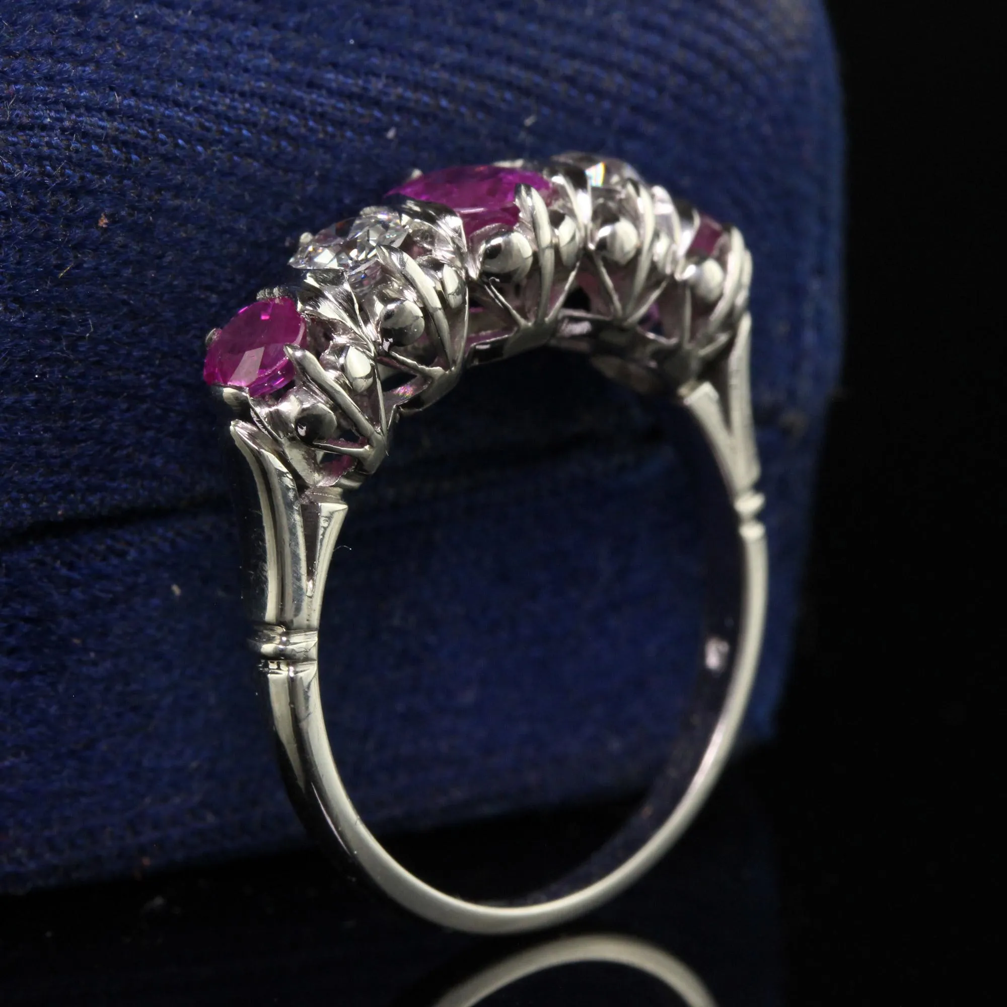 Vintage Retro Platinum Old Euro Diamond and Pink Sapphire Five Stone Ring