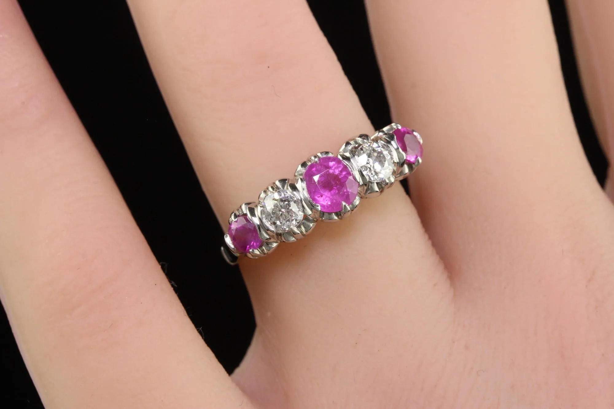 Vintage Retro Platinum Old Euro Diamond and Pink Sapphire Five Stone Ring