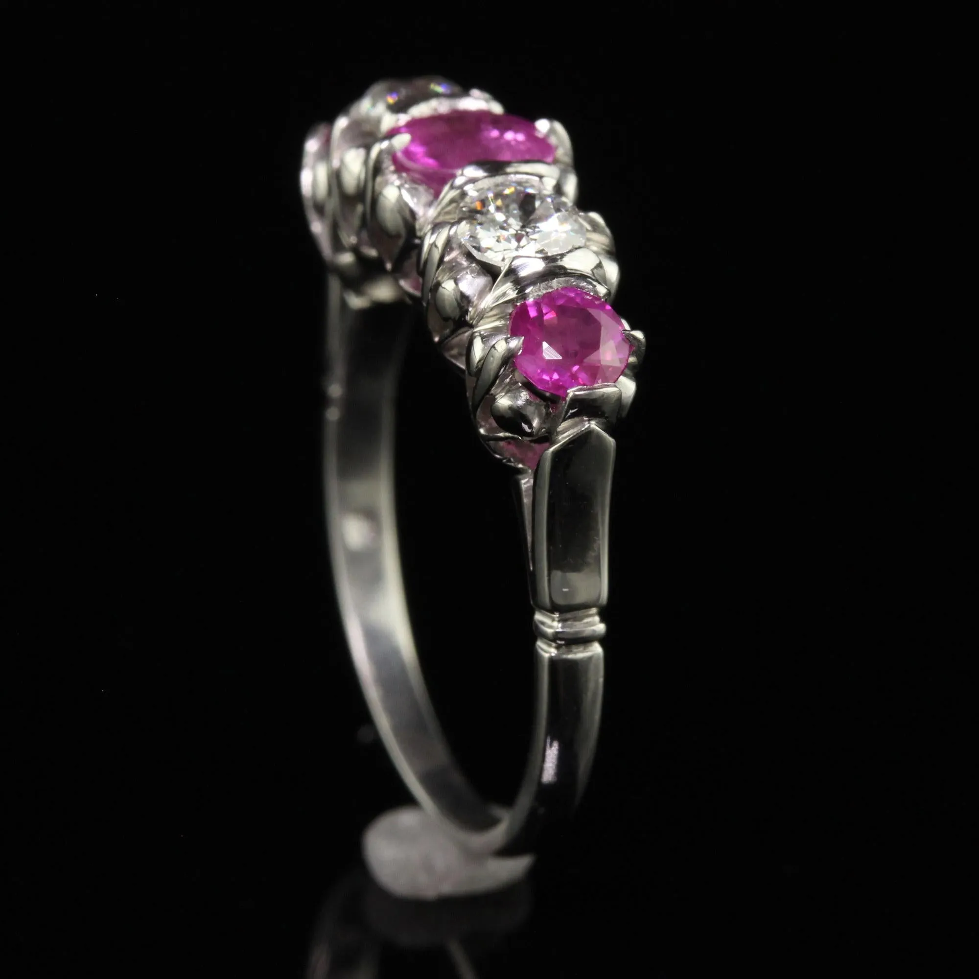 Vintage Retro Platinum Old Euro Diamond and Pink Sapphire Five Stone Ring