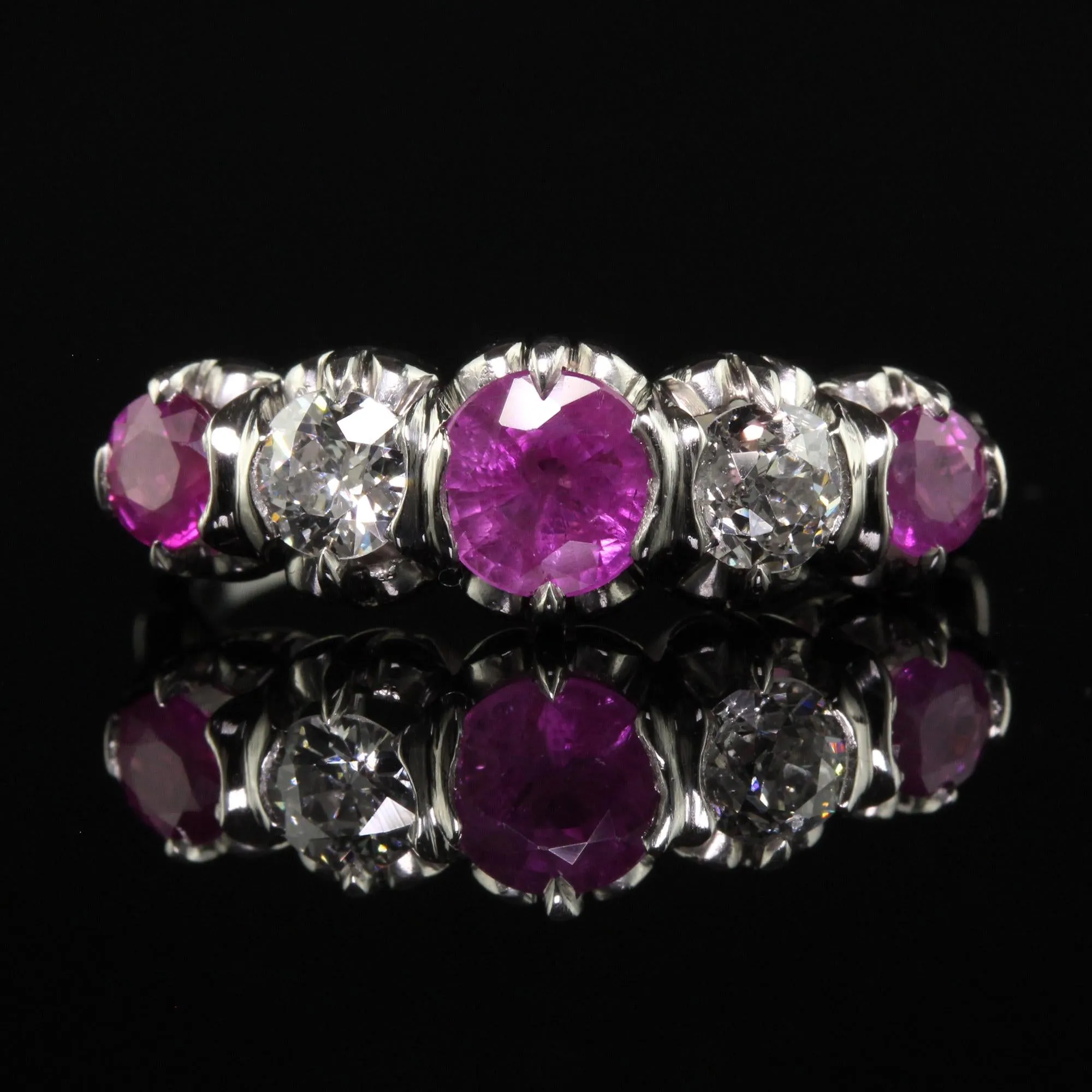 Vintage Retro Platinum Old Euro Diamond and Pink Sapphire Five Stone Ring