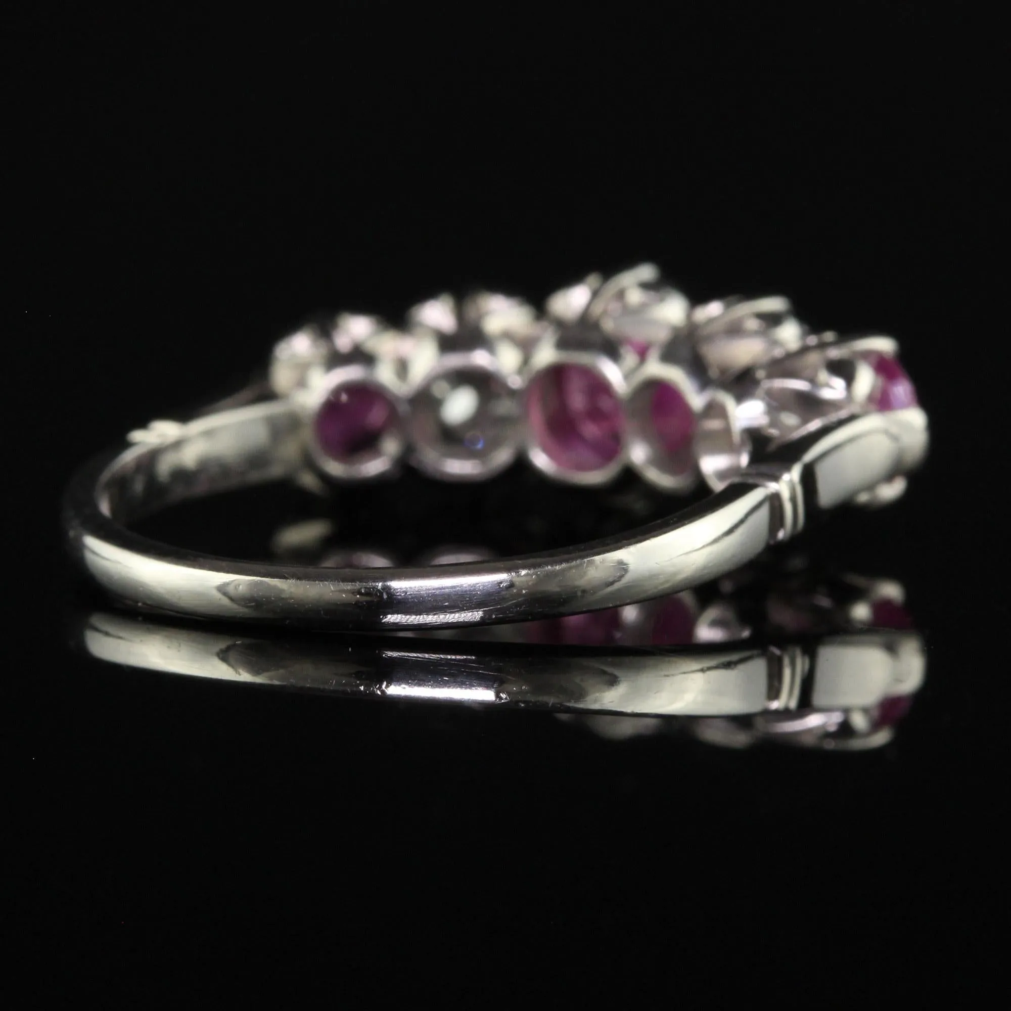 Vintage Retro Platinum Old Euro Diamond and Pink Sapphire Five Stone Ring