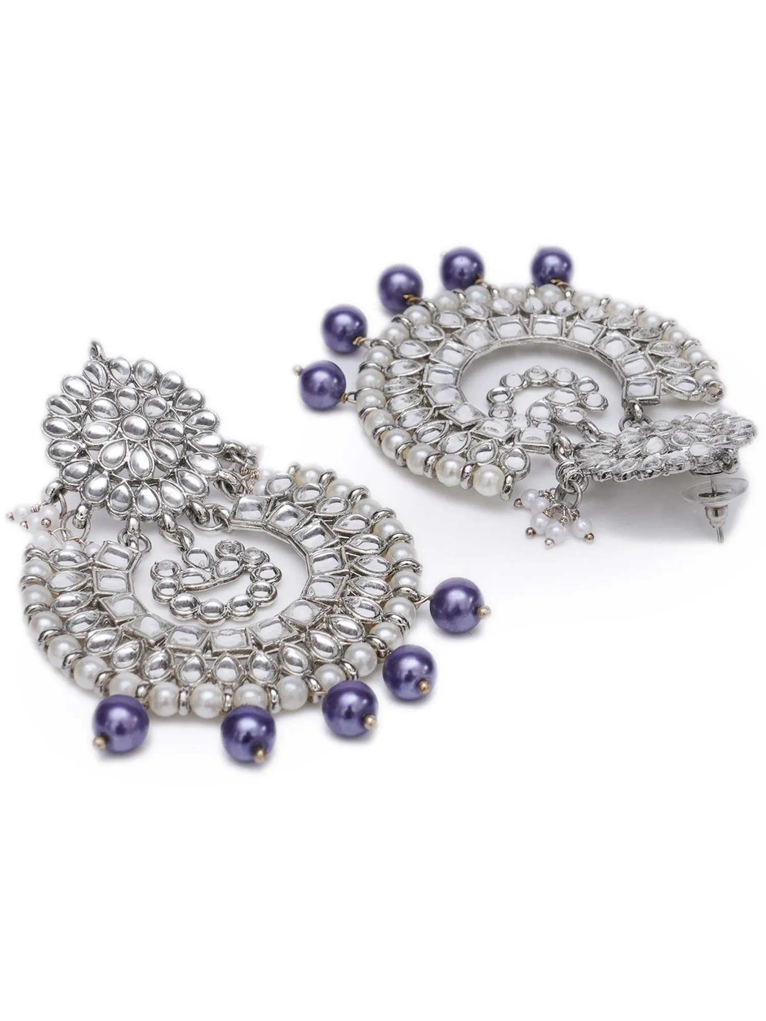 Violet Pearl Oxidised Silver Kundan Chandbali Earrings