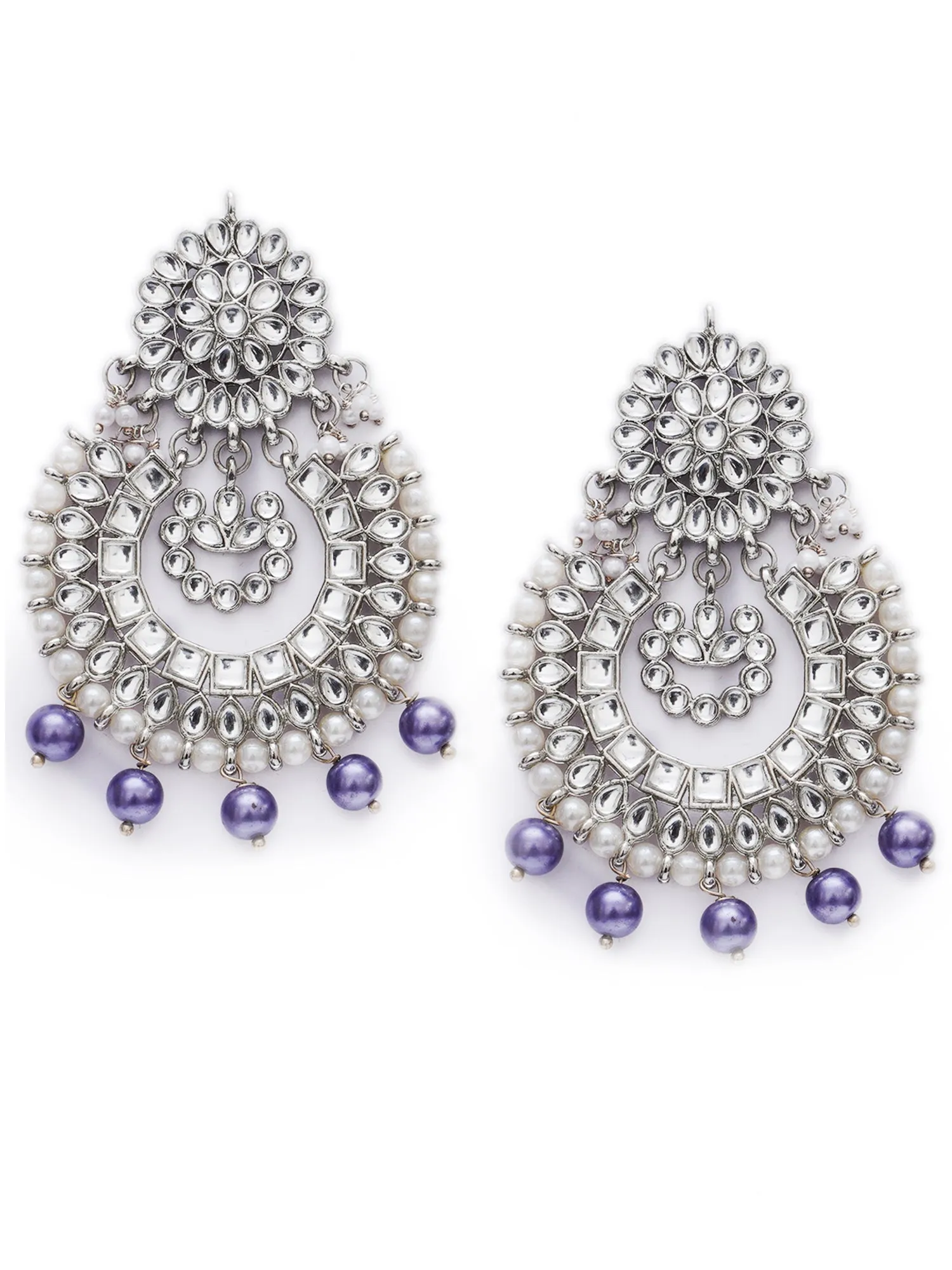 Violet Pearl Oxidised Silver Kundan Chandbali Earrings