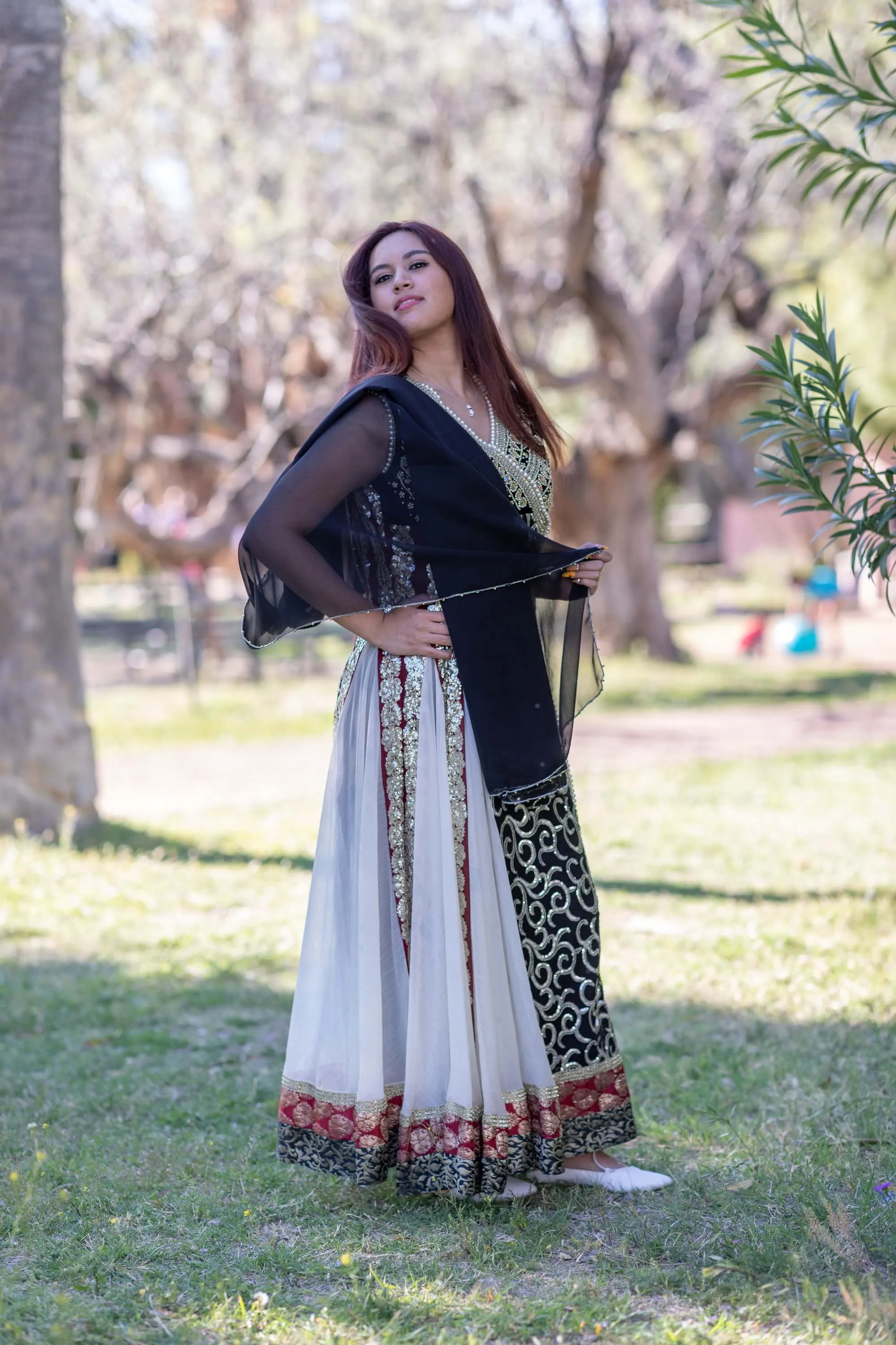 White & Black Chiffon Embroidered Dress-Gown