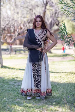 White & Black Chiffon Embroidered Dress-Gown