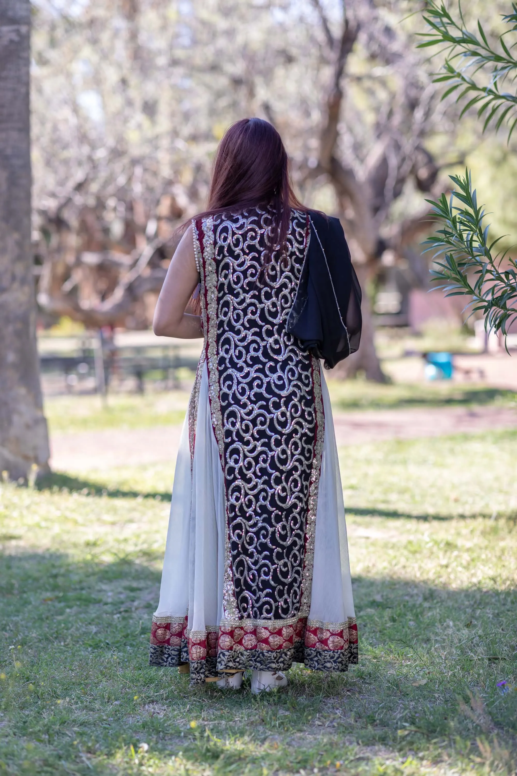 White & Black Chiffon Embroidered Dress-Gown