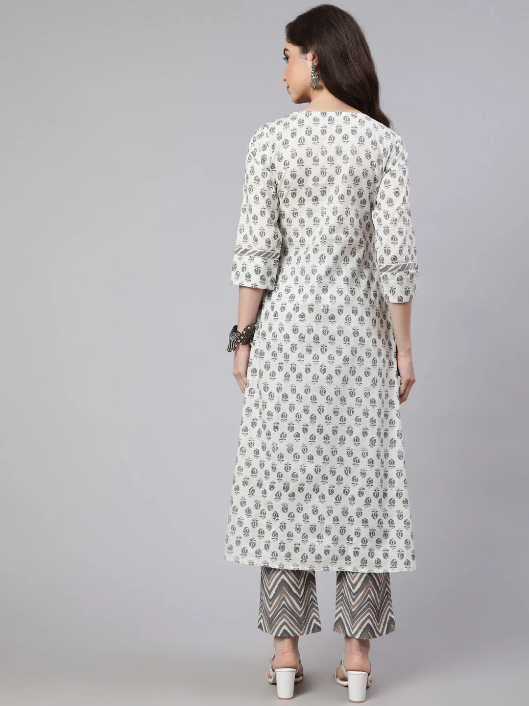 White And Grey Flared Cotton Embroidered Kurta With Printed Palazzo