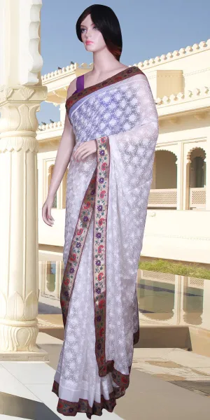 White Chiffon Phulkari Saree with Multicolor Banarasi Border