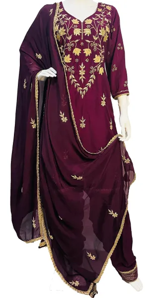 Wine Color Hand embroidered Punjabi Patiala Salwar Suit, Pure Chinon and Muslin Punjabi Suit