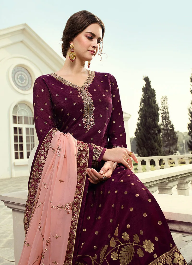 Wine Multi Embroidered Palazzo Suit