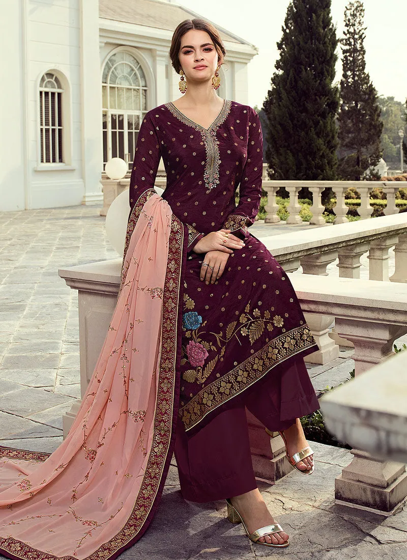 Wine Multi Embroidered Palazzo Suit