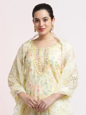 Yellow Floral Embellished Organza Festive Kurta Set With Dupatta