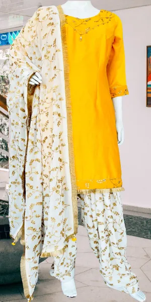 Yellow White Punjabi Patiala Salwar Suit, Embroidered Suit Pure Silk