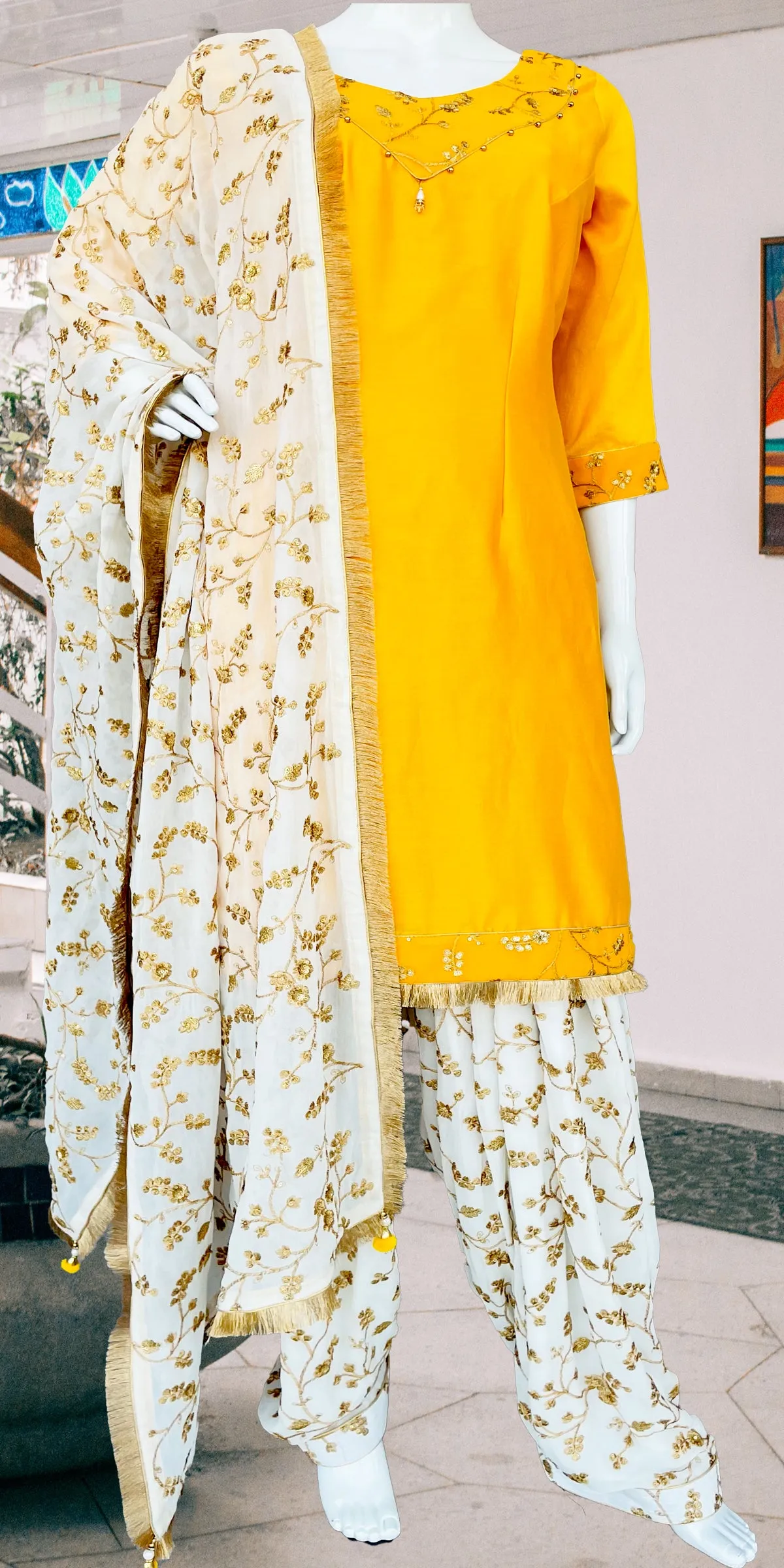 Yellow White Punjabi Patiala Salwar Suit, Embroidered Suit Pure Silk