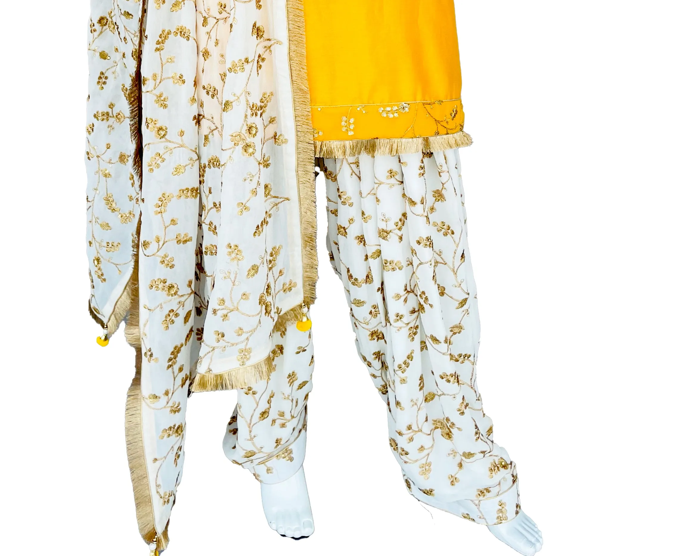 Yellow White Punjabi Patiala Salwar Suit, Embroidered Suit Pure Silk